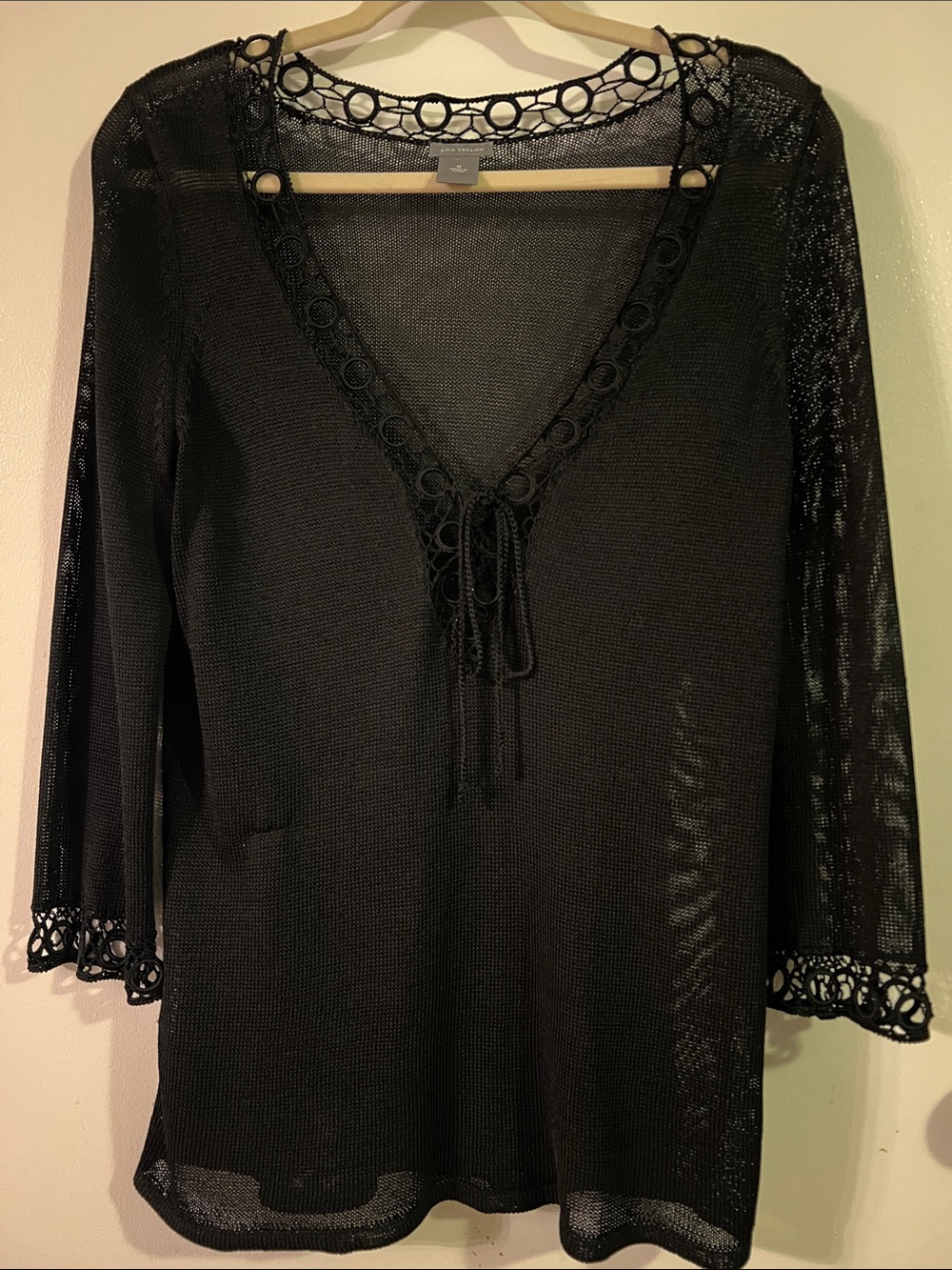 Ann Taylor Black Crochet-Trim V-Neck Tie Blouse